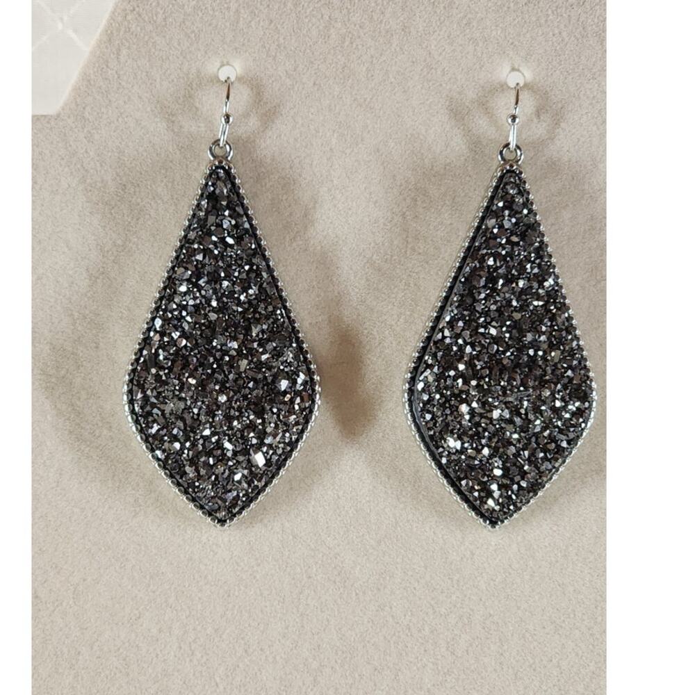 Large Gunmetal Faux Druzy Sparkle Teardrop Dangle Earrings Silver Tone
